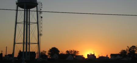 Water tower at sunrise